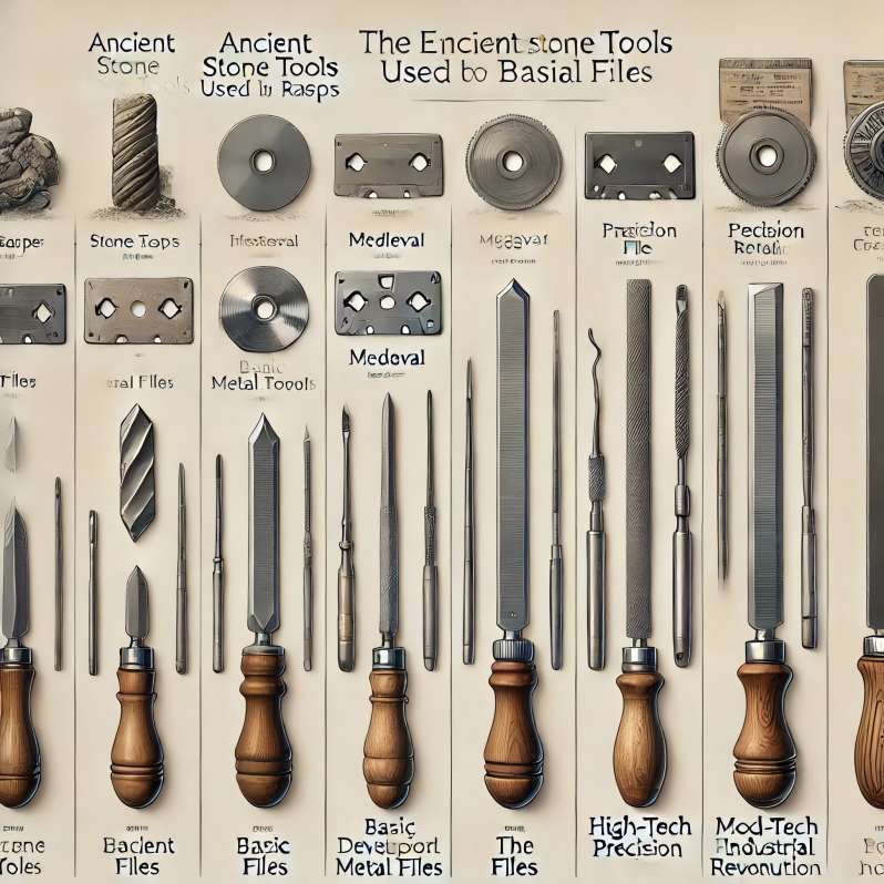 Historical evolution of files from ancient stone rasps to modern precision tools.