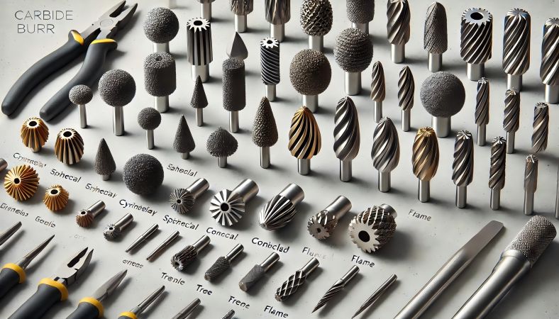 Close-up of a carbide burr carving intricate designs on wood.