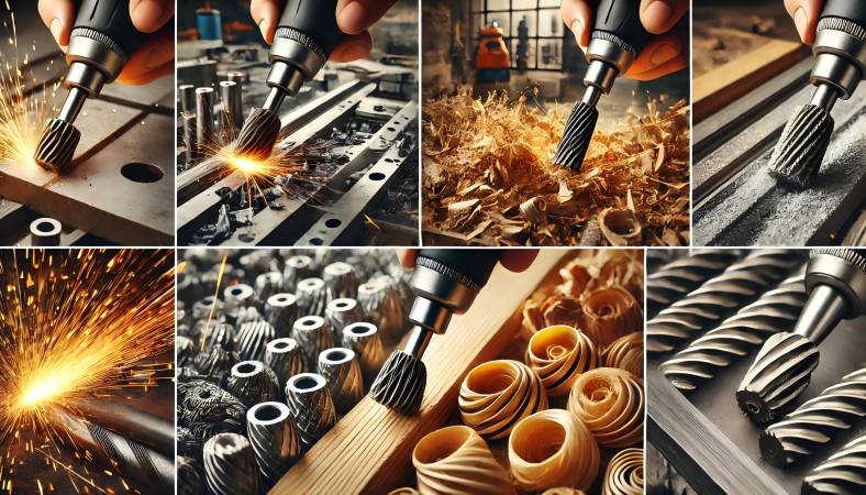 Close-up of a carbide burr carving intricate designs on wood.