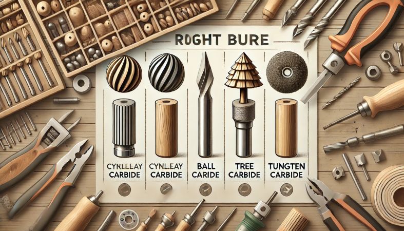 Close-up of a carbide burr carving intricate designs on wood.