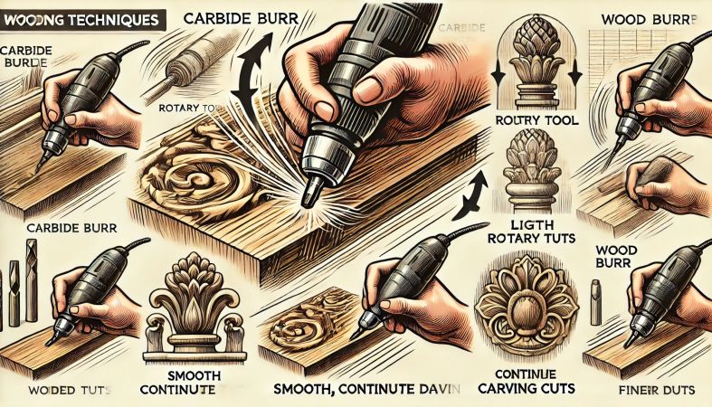 Close-up of a carbide burr carving intricate designs on wood.