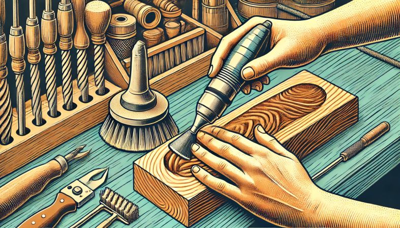 Close-up of a carbide burr carving intricate designs on wood.