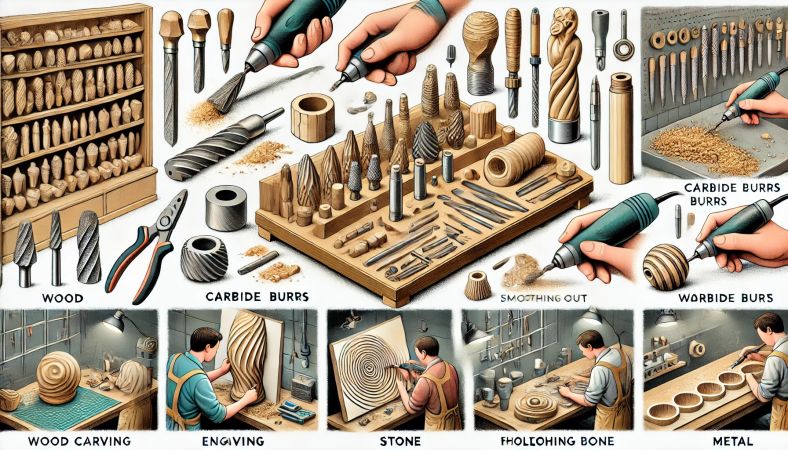 Close-up of a carbide burr carving intricate designs on wood.