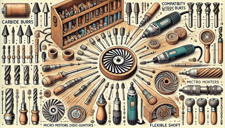 Close-up of a carbide burr carving intricate designs on wood.