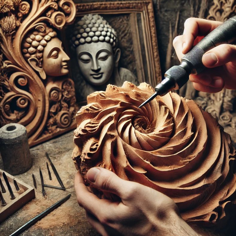 Close-up of a carbide burr carving intricate designs on wood.