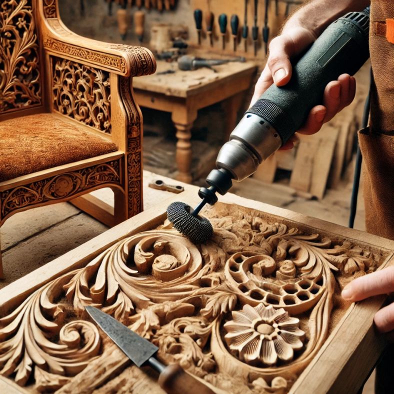 Close-up of a carbide burr carving intricate designs on wood.