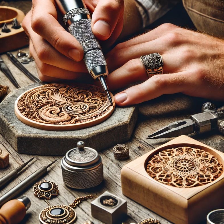 Close-up of a carbide burr carving intricate designs on wood.