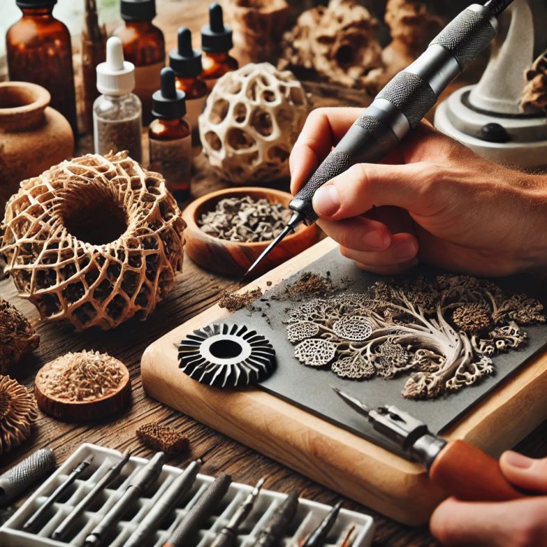 Close-up of a carbide burr carving intricate designs on wood.