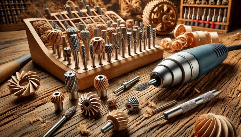 Close-up of a carbide burr carving intricate designs on wood.