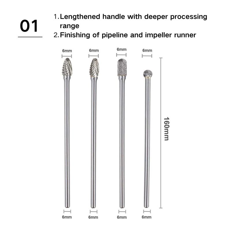 6-inch extra long carbide rotary burr set for precision machining