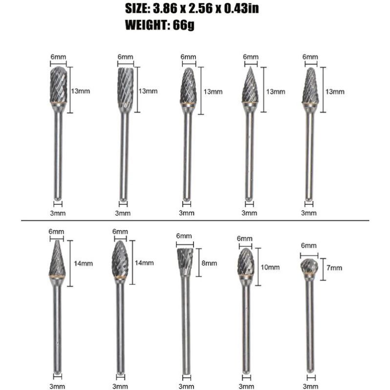 3*6mm 10pcs Double Cut Carbide Rotary Burr Set