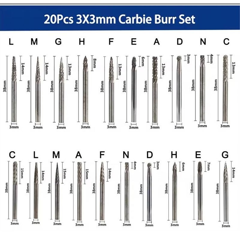 3*3mm 20 pcs Double Cut Rotary File Carbide Burr Set